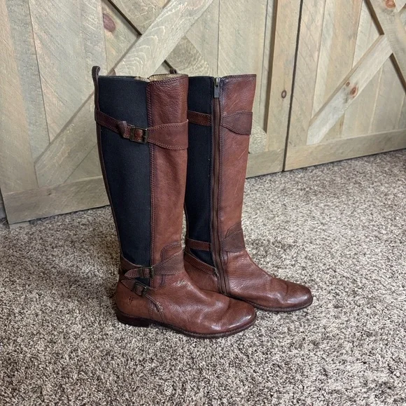Frye Anna Gore tall whiskey Brown Leather Boots Size 7.5 - Picture 5 of 12